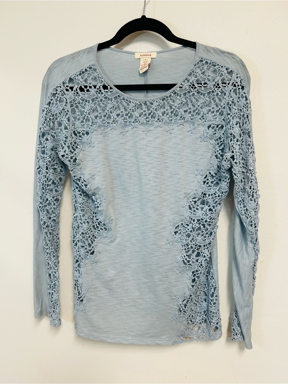 Sundance Cottagecore Intricate Sheer Crochet Lace Panels Light Blue Tee Womens S